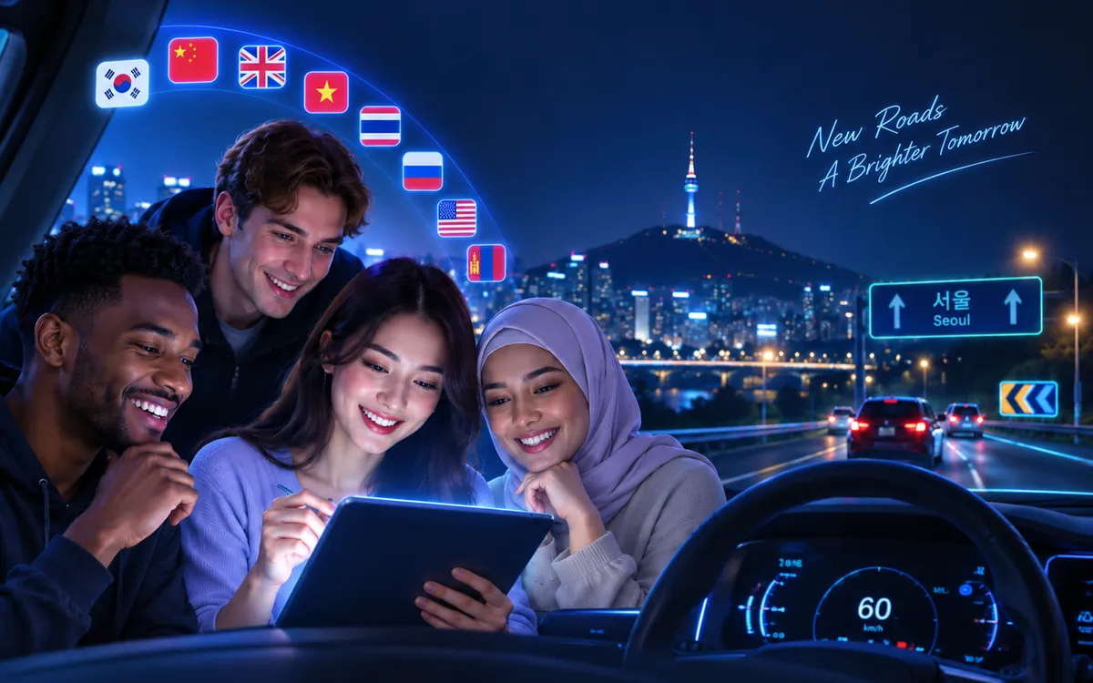 Friends from different countries studying on a tablet, with the Seoul skyline at night